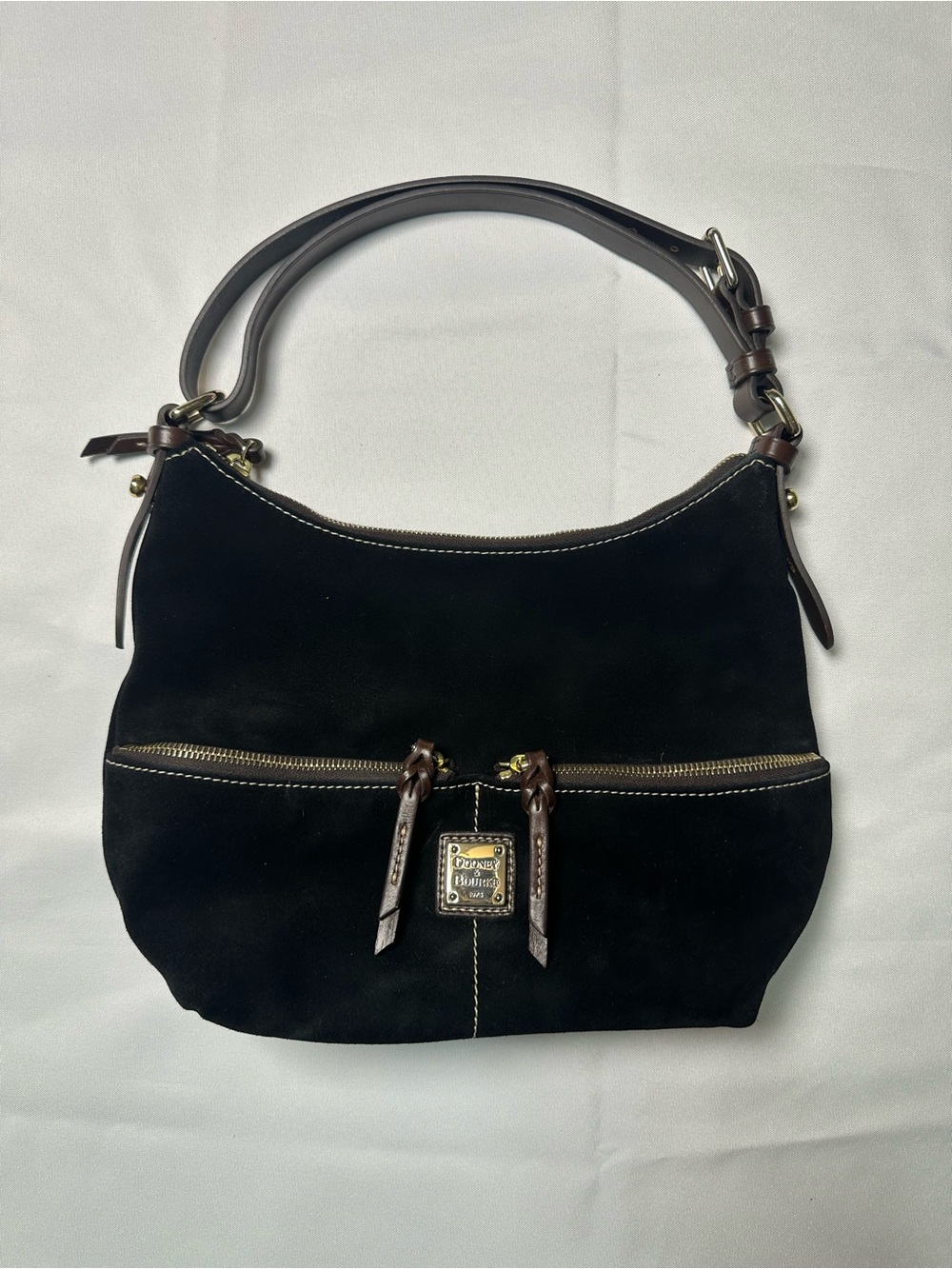 Dooney & Bourke Black Suede Shoulder Bag with Brown Trim